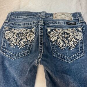 Miss Me Women's Ankle Mid Rise Skinny Rhinestones Embellished Denim Blue Jeans